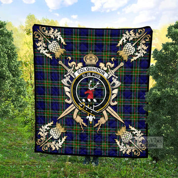 Colquhoun Tartan Quilt with Family Crest and Scottish Golden Courage Shield