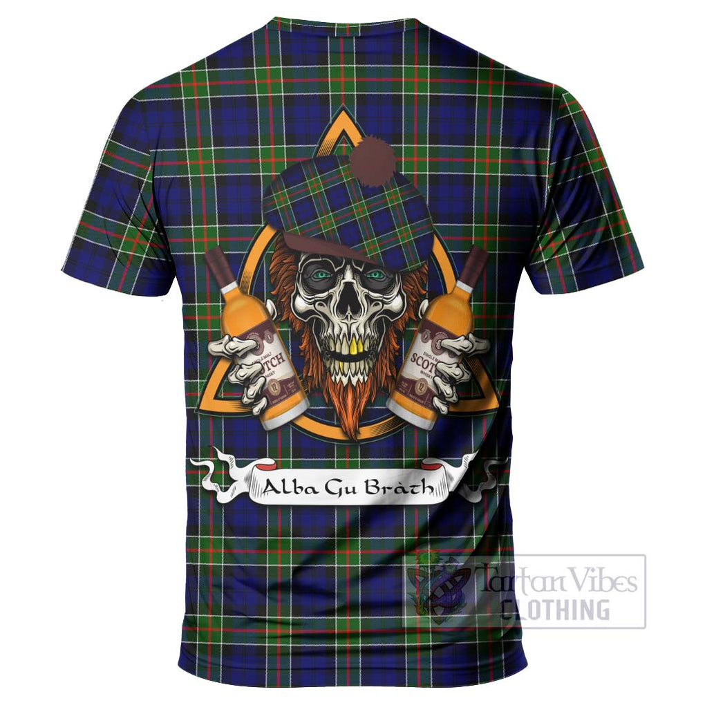 Tartan Vibes Clothing Colquhoun Tartan T-Shirt with Family Crest and Bearded Skull Holding Bottles of Whiskey