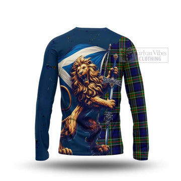 Colquhoun Tartan Family Crest Long Sleeve T-Shirt with Scottish Majestic Lion