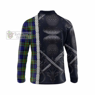 Colquhoun Tartan Long Sleeve Polo Shirt with Family Crest Cross Sword Thistle Celtic Vibes