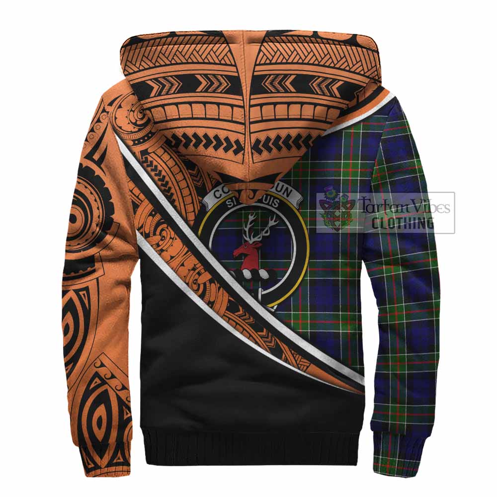 Tartan Vibes Clothing Colquhoun Crest Tartan Sherpa Hoodie with Maori Tattoo Style - Orange Version