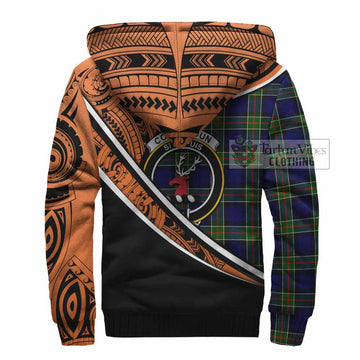 Colquhoun Crest Tartan Sherpa Hoodie with Polynesian Vibes Style - Orange Version