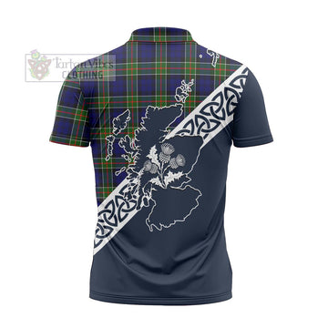 Colquhoun Tartan Zipper Polo Shirt Featuring Thistle and Scotland Map