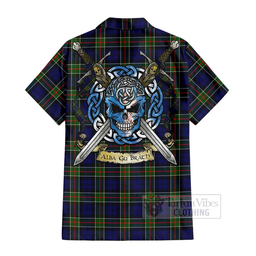 Tartan Vibes Clothing Colquhoun Tartan Short Sleeve Button Shirt with Family Crest Celtic Skull Style