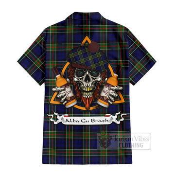 Colquhoun Tartan Short Sleeve Button Shirt with Family Crest and Bearded Skull Holding Bottles of Whiskey