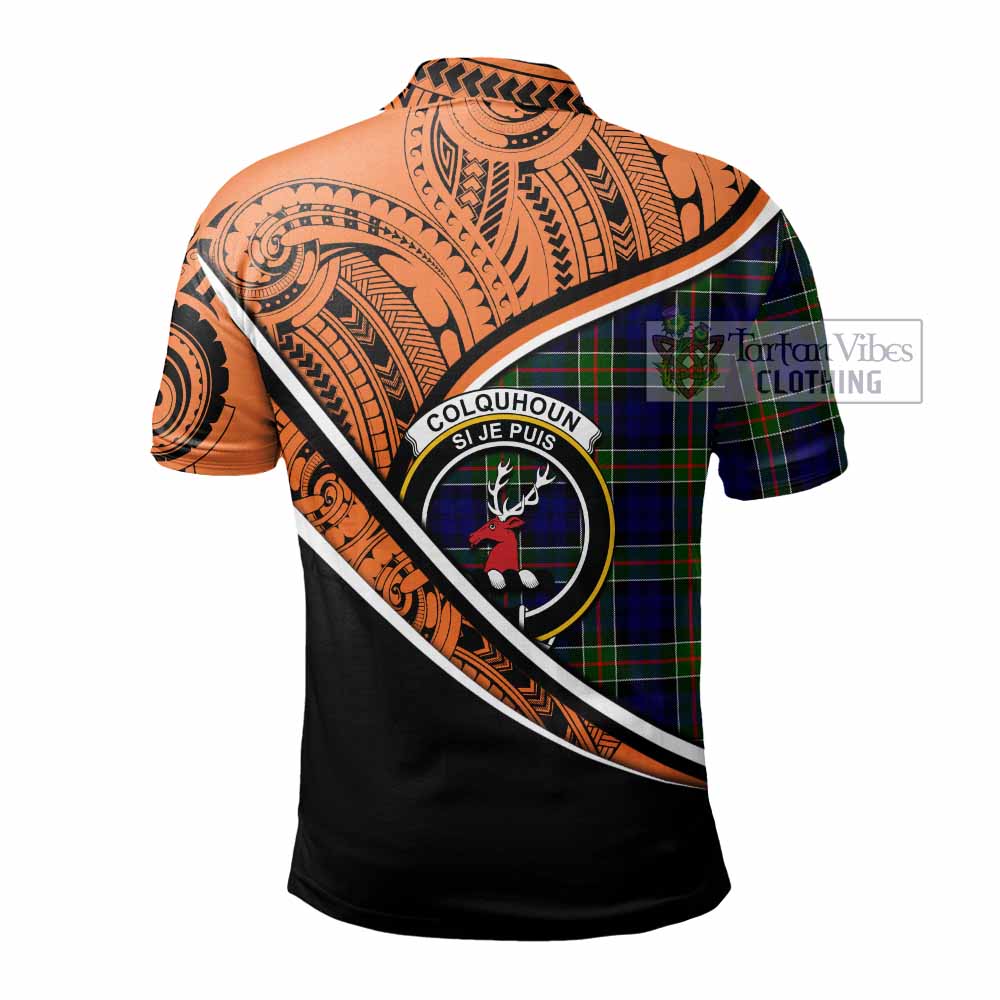 Tartan Vibes Clothing Colquhoun Crest Tartan Polo Shirt with Maori Tattoo Style - Orange Version