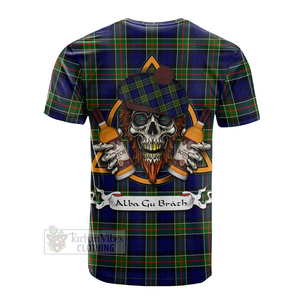 Tartan Vibes Clothing Colquhoun Tartan Cotton T-shirt with Family Crest and Bearded Skull Holding Bottles of Whiskey