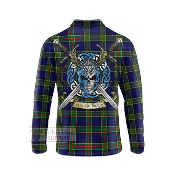 Colquhoun Tartan Long Sleeve Polo Shirt with Family Crest Celtic Skull Style