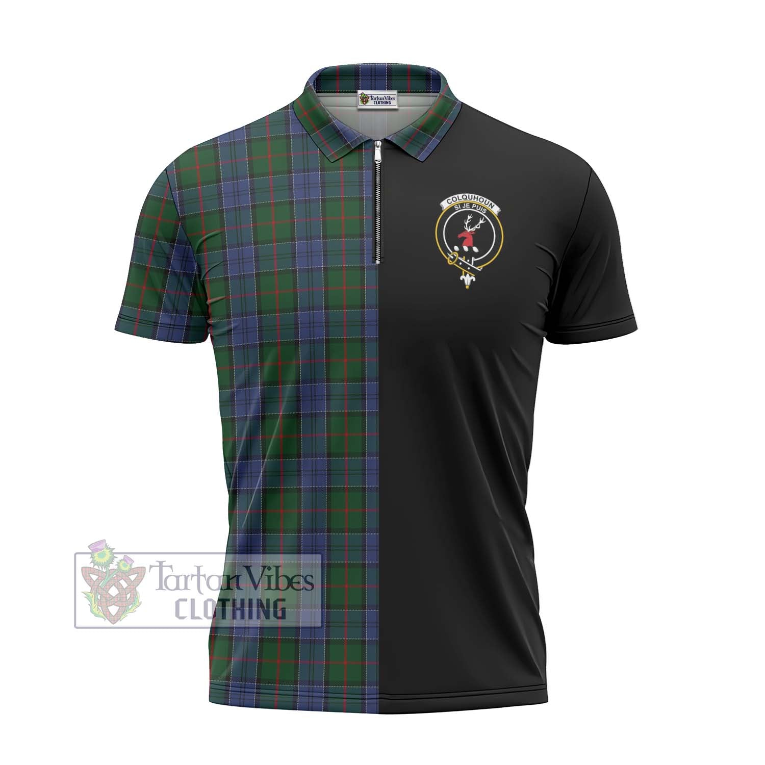 Tartan Vibes Clothing Colquhoun Tartan Zipper Polo Shirt with Family Crest and Half Of Me Style