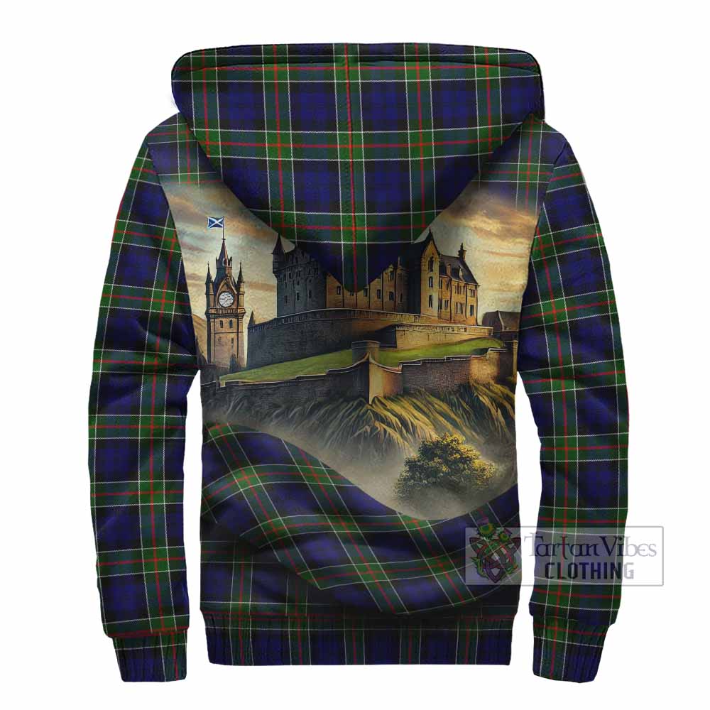 Colquhoun Tartan Family Crest Sherpa Hoodie with Scottish Ancient Castle Style - Tartan Vibes Clothing