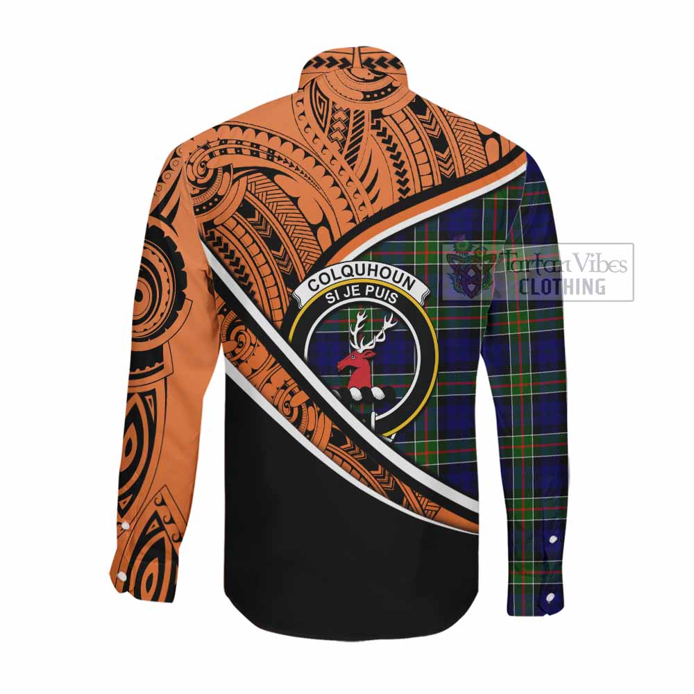 Tartan Vibes Clothing Colquhoun Crest Tartan Long Sleeve Button Shirt with Maori Tattoo Style - Orange Version