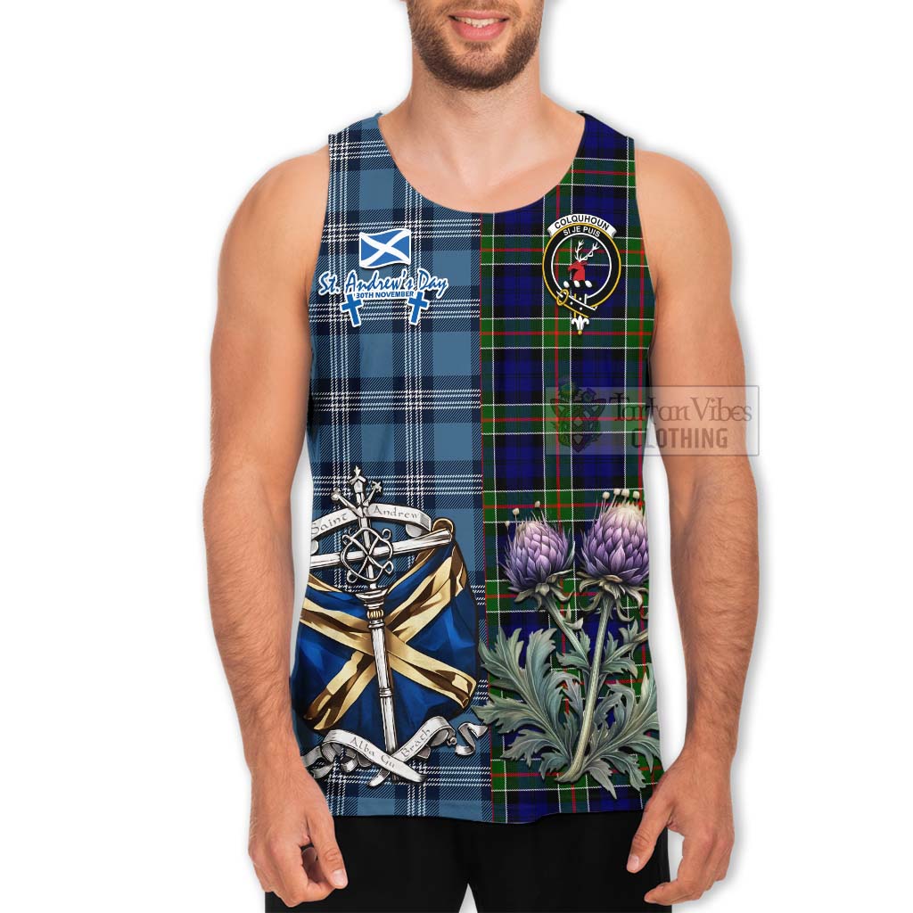 Tartan Vibes Clothing Colquhoun Tartan Men's Tank Top Happy St. Andrew's Day Half Tartan Style