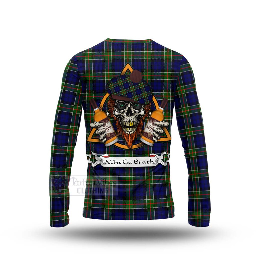 Tartan Vibes Clothing Colquhoun Tartan Long Sleeve T-Shirt with Family Crest and Bearded Skull Holding Bottles of Whiskey