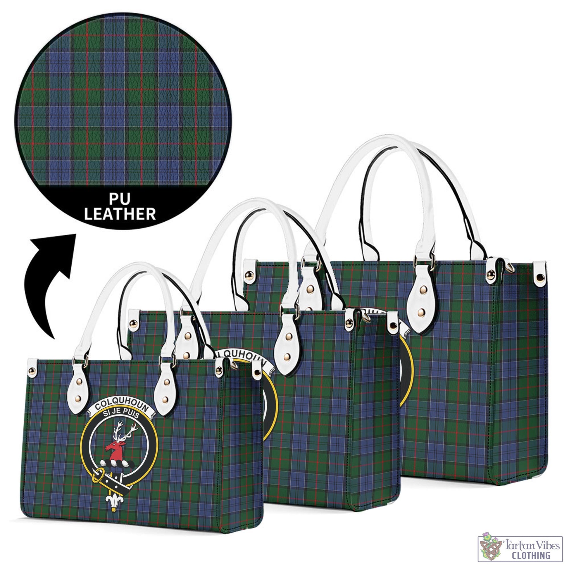 Tartan Vibes Clothing Colquhoun Tartan Luxury Leather Handbags with Family Crest