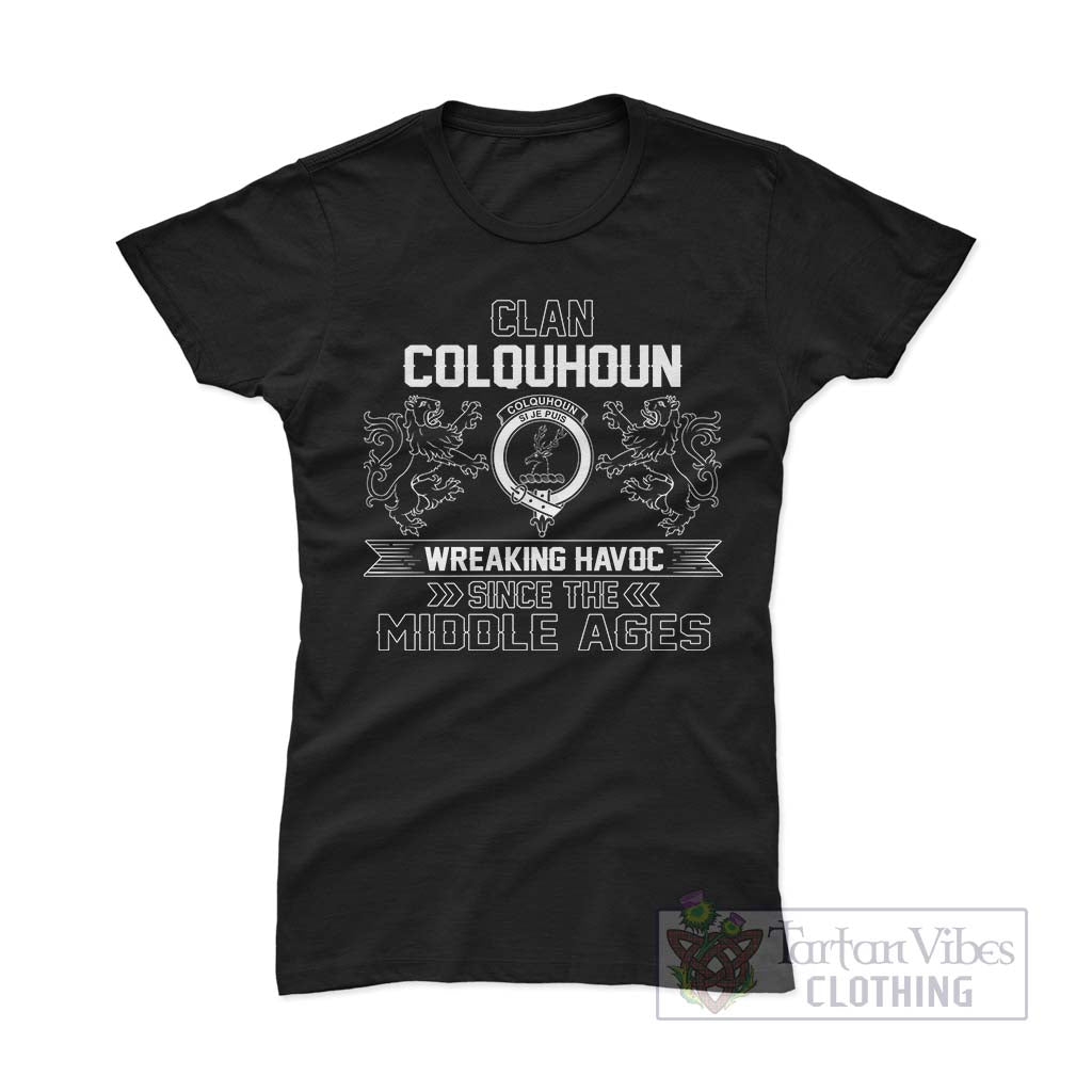 Tartan Vibes Clothing Colquhoun Family Crest 2D Cotton Women's T-Shirt Wreaking Havoc Style