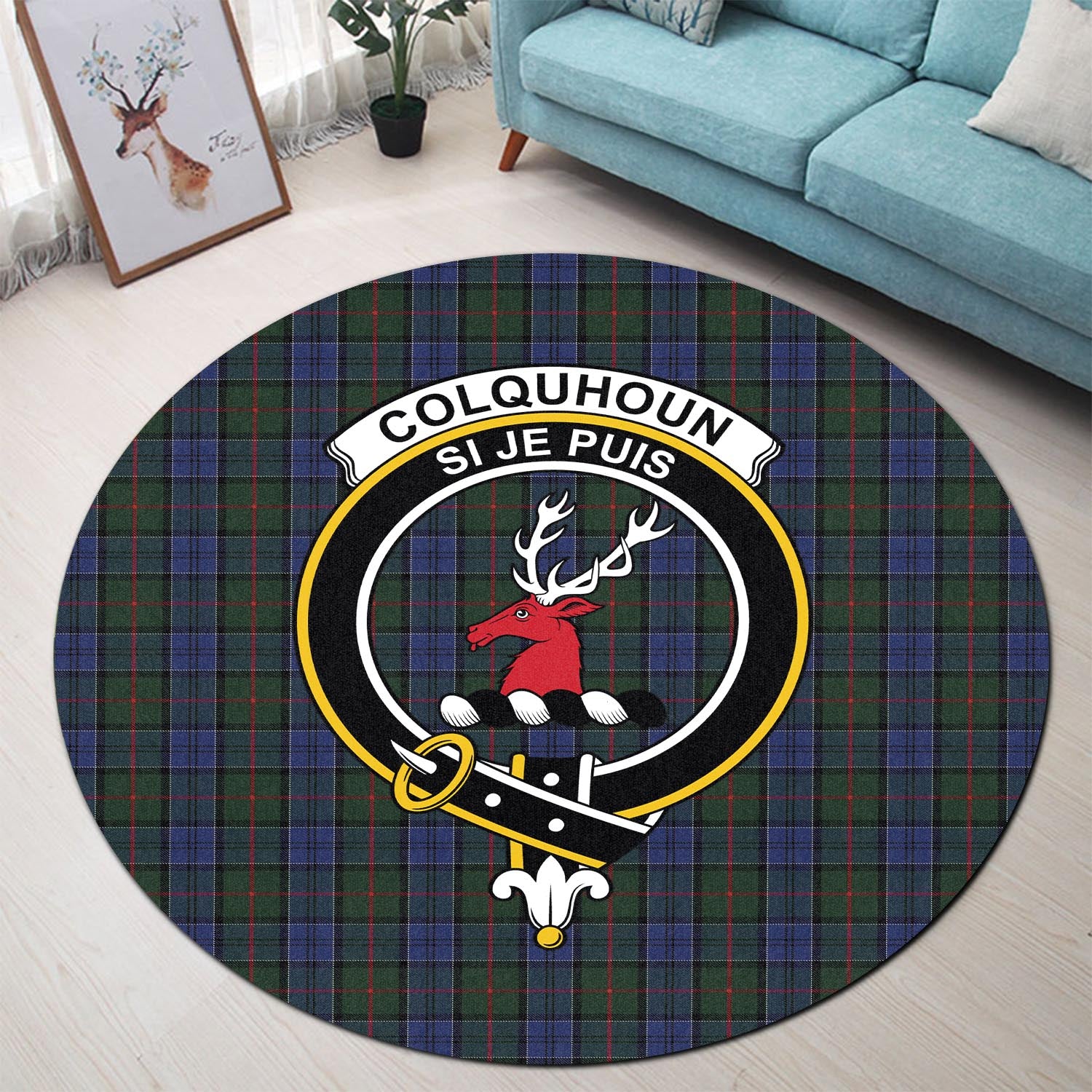 Colquhoun Tartan Round Rug with Family Crest - Tartanvibesclothing