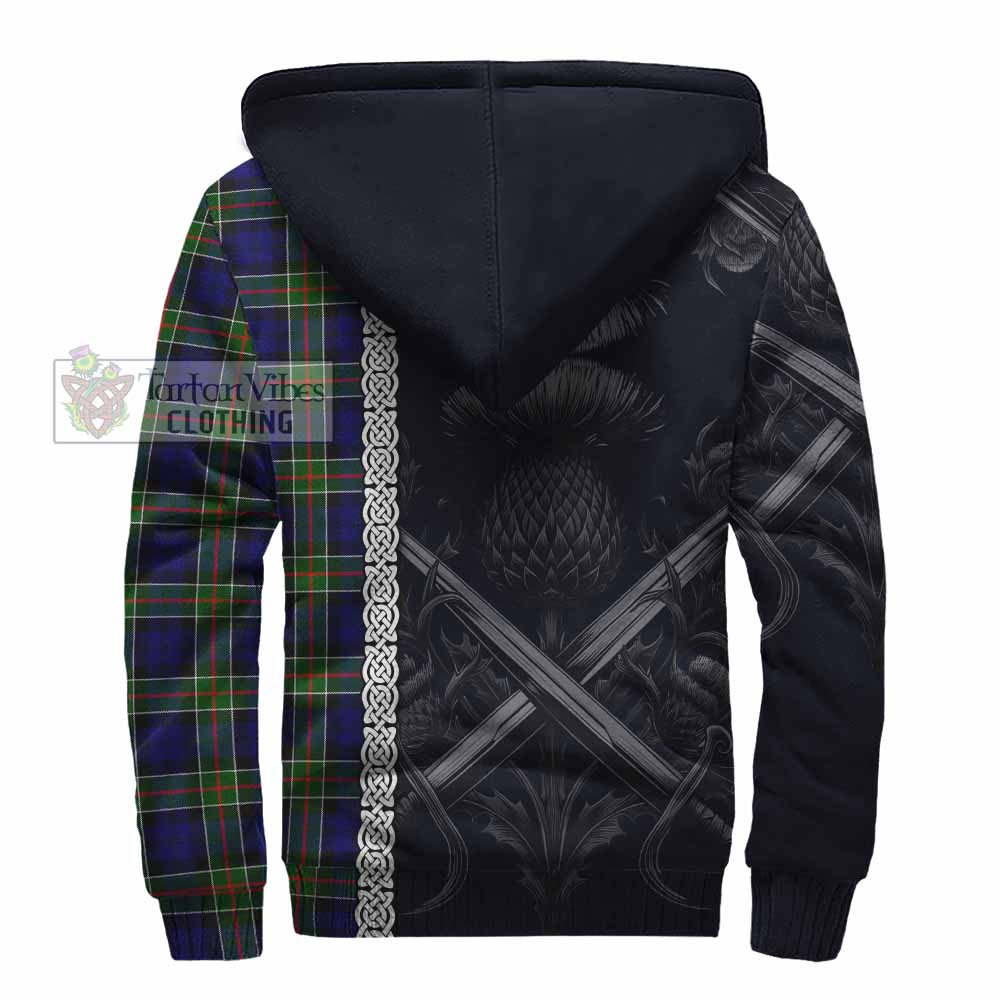 Tartan Vibes Clothing Colquhoun Tartan Sherpa Hoodie with Family Crest Cross Sword Thistle Celtic Vibes