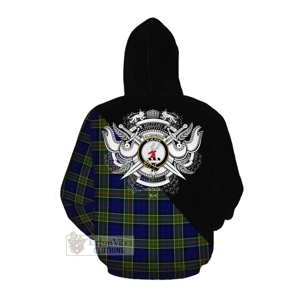 Tartan Vibes Clothing Colquhoun Tartan Cotton Hoodie with Family Crest and Military Logo Style