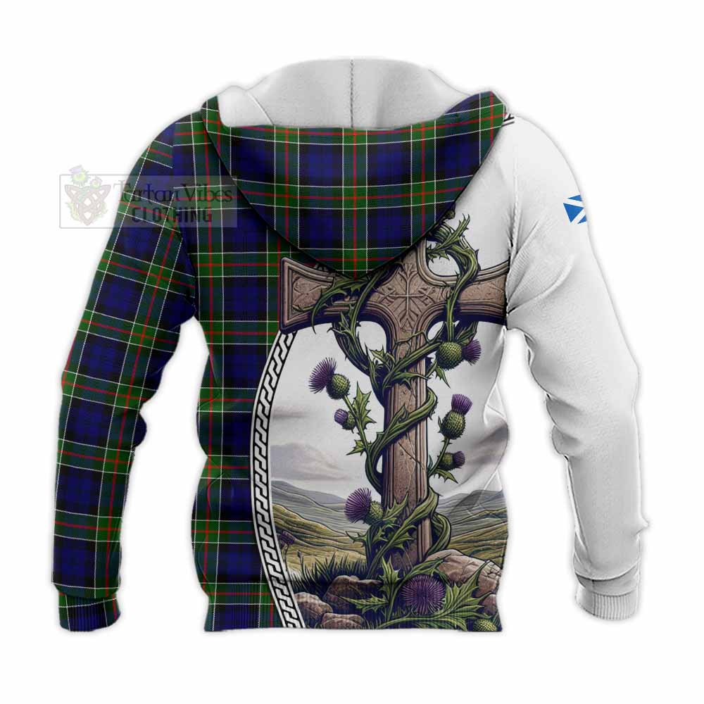 Tartan Vibes Clothing Colquhoun Tartan Knitted Hoodie with Family Crest and St. Andrew's Cross Accented by Thistle Vines