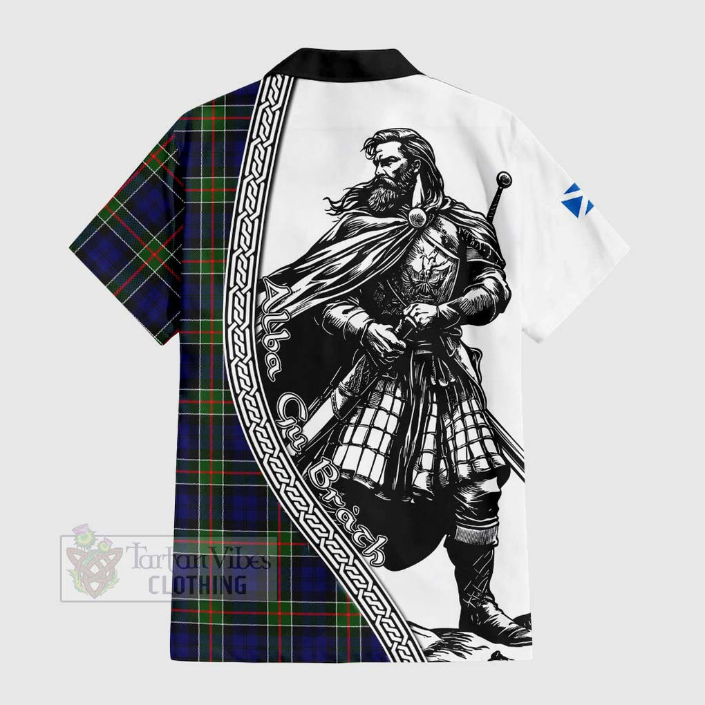 Tartan Vibes Clothing Colquhoun Tartan Clan Crest Short Sleeve Button Shirt with Highlander Warrior Celtic Style