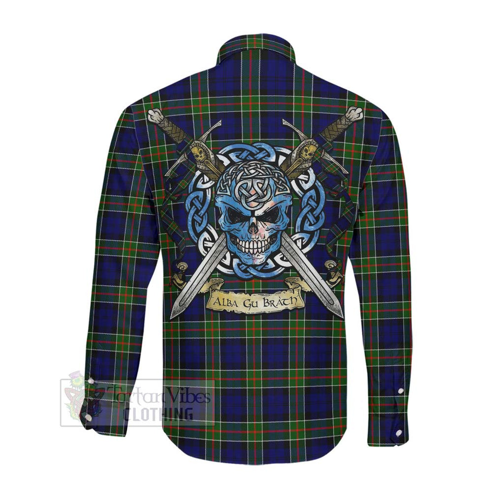 Tartan Vibes Clothing Colquhoun Tartan Long Sleeve Button Shirt with Family Crest Celtic Skull Style