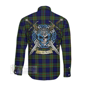 Colquhoun Tartan Long Sleeve Button Shirt with Family Crest Celtic Skull Style