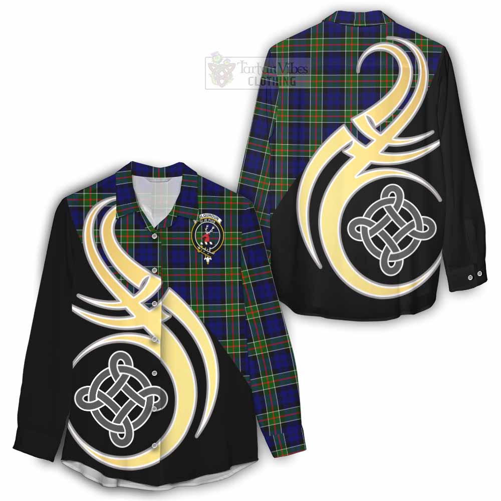 Tartan Vibes Clothing Colquhoun Tartan Women's Casual Shirt with Family Crest and Celtic Symbol Style