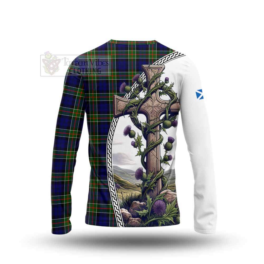 Tartan Vibes Clothing Colquhoun Tartan Long Sleeve T-Shirt with Family Crest and St. Andrew's Cross Accented by Thistle Vines