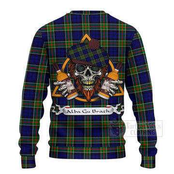 Colquhoun Tartan Ugly Sweater with Family Crest and Bearded Skull Holding Bottles of Whiskey