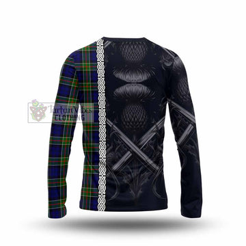 Colquhoun Tartan Long Sleeve T-Shirt with Family Crest Cross Sword Thistle Celtic Vibes