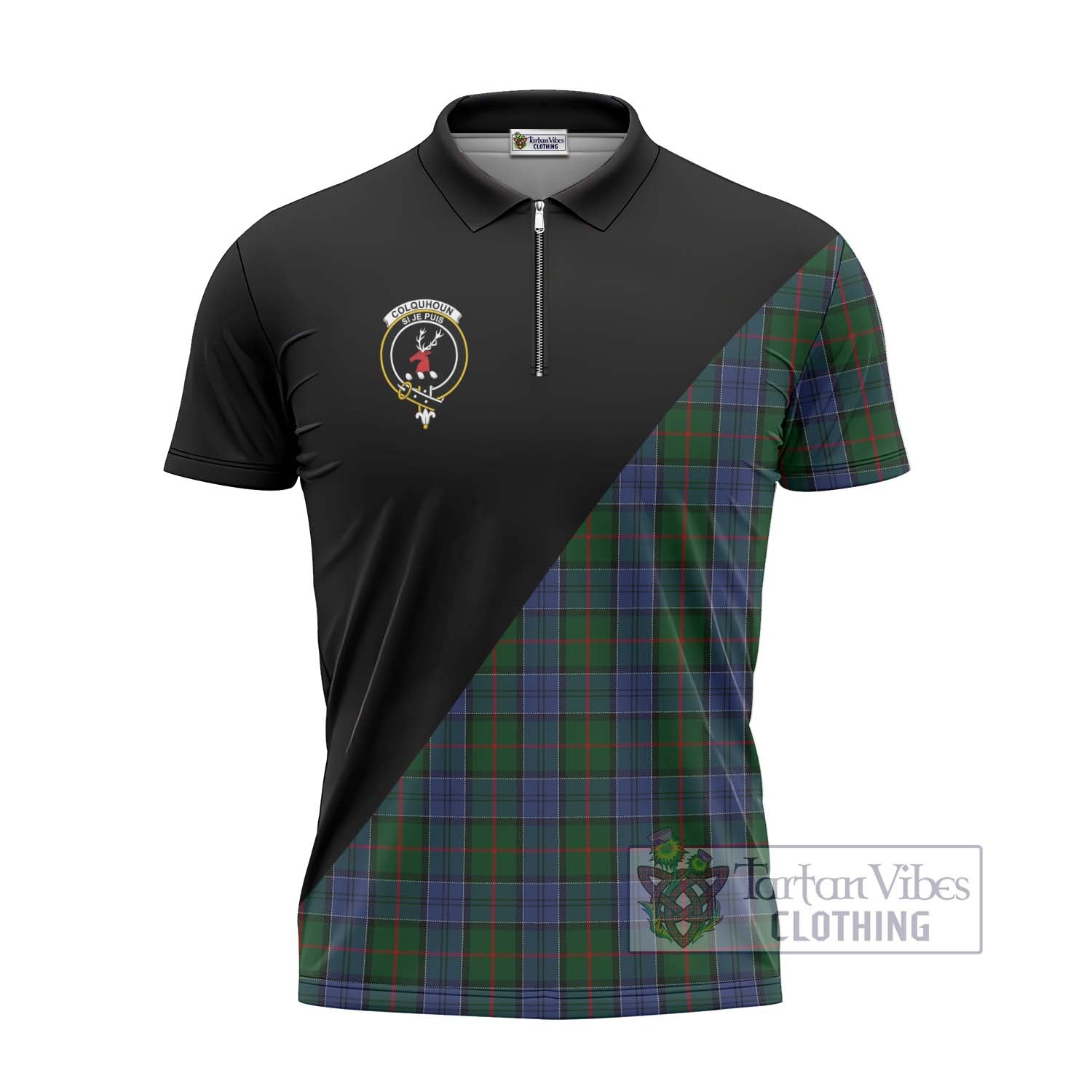 Tartan Vibes Clothing Colquhoun Tartan Zipper Polo Shirt with Family Crest and Military Logo Style