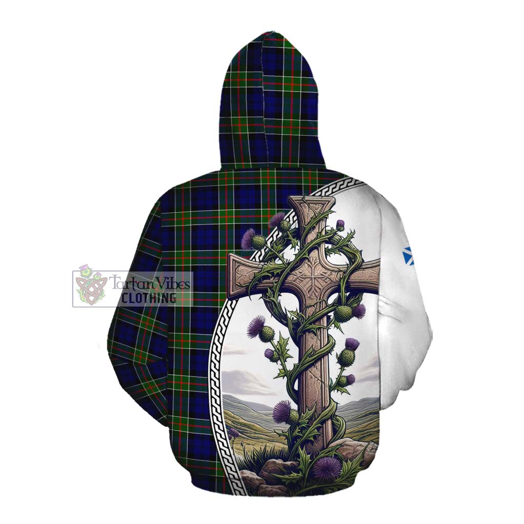 Tartan Vibes Clothing Colquhoun Tartan Cotton Hoodie with Family Crest and St. Andrew's Cross Accented by Thistle Vines