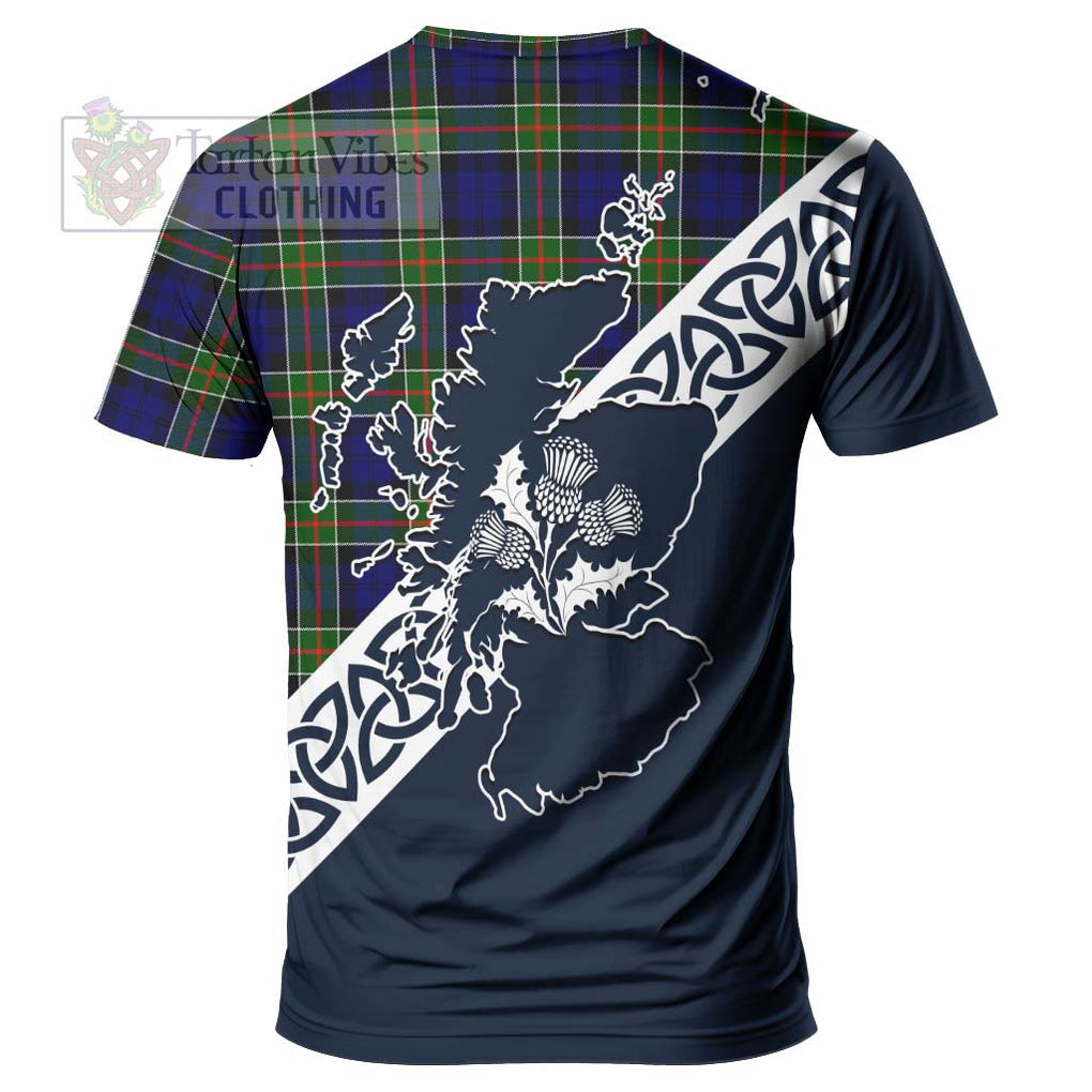 Colquhoun Tartan T-Shirt Featuring Thistle and Scotland Map