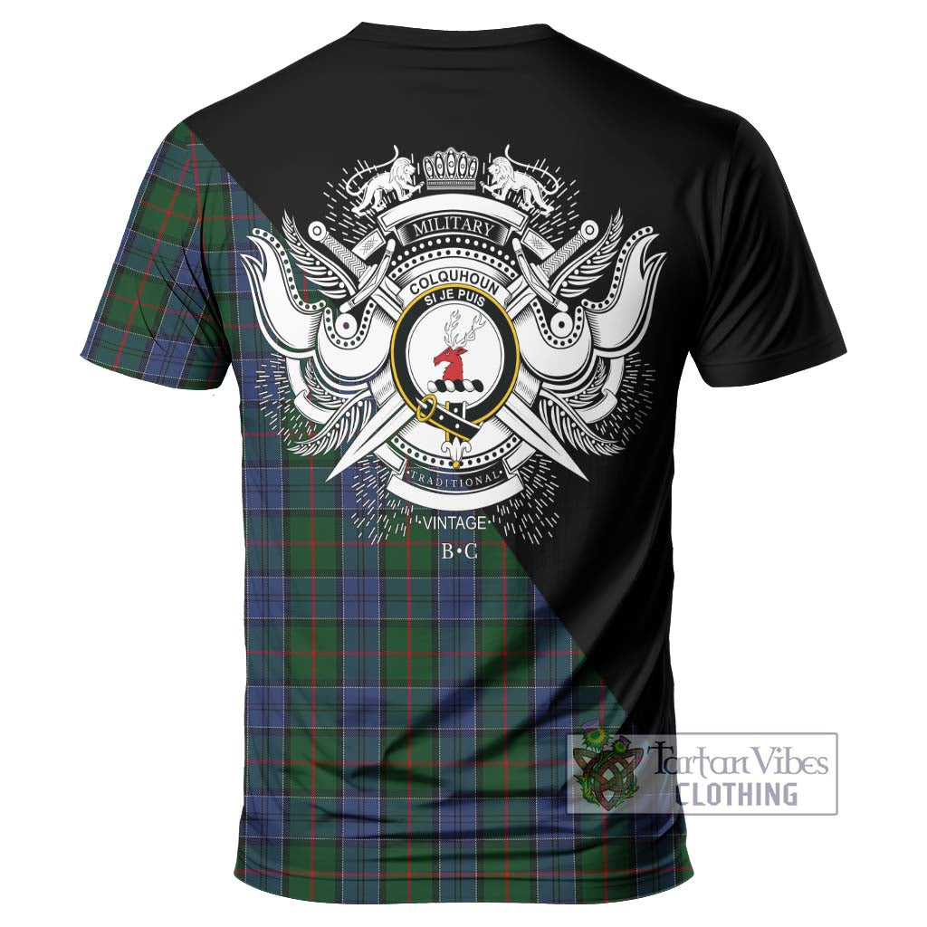 Tartan Vibes Clothing Colquhoun Tartan T-Shirt with Family Crest and Military Logo Style