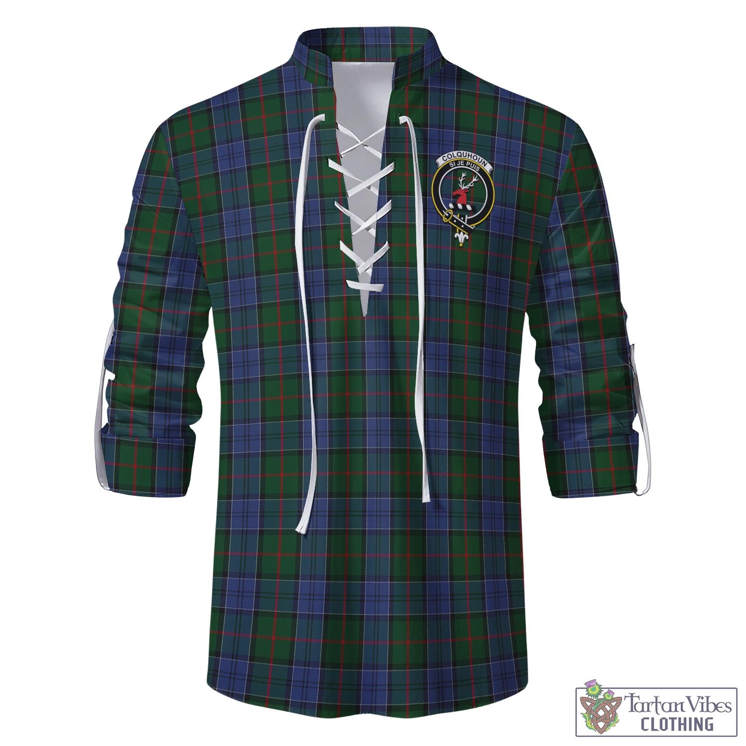 Tartan Vibes Clothing Colquhoun Tartan Men's Scottish Traditional Jacobite Ghillie Kilt Shirt with Family Crest