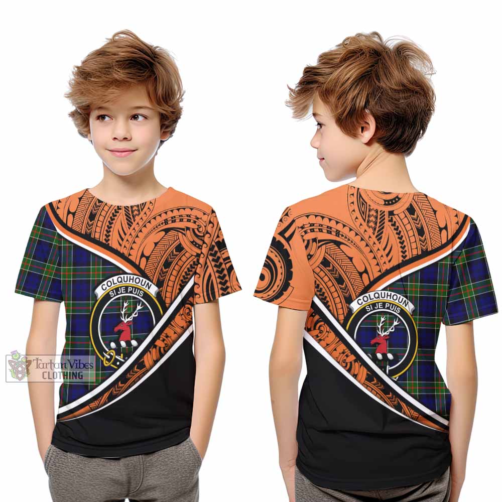 Tartan Vibes Clothing Colquhoun Crest Tartan Kid T-Shirt with Maori Tattoo Style - Orange Version