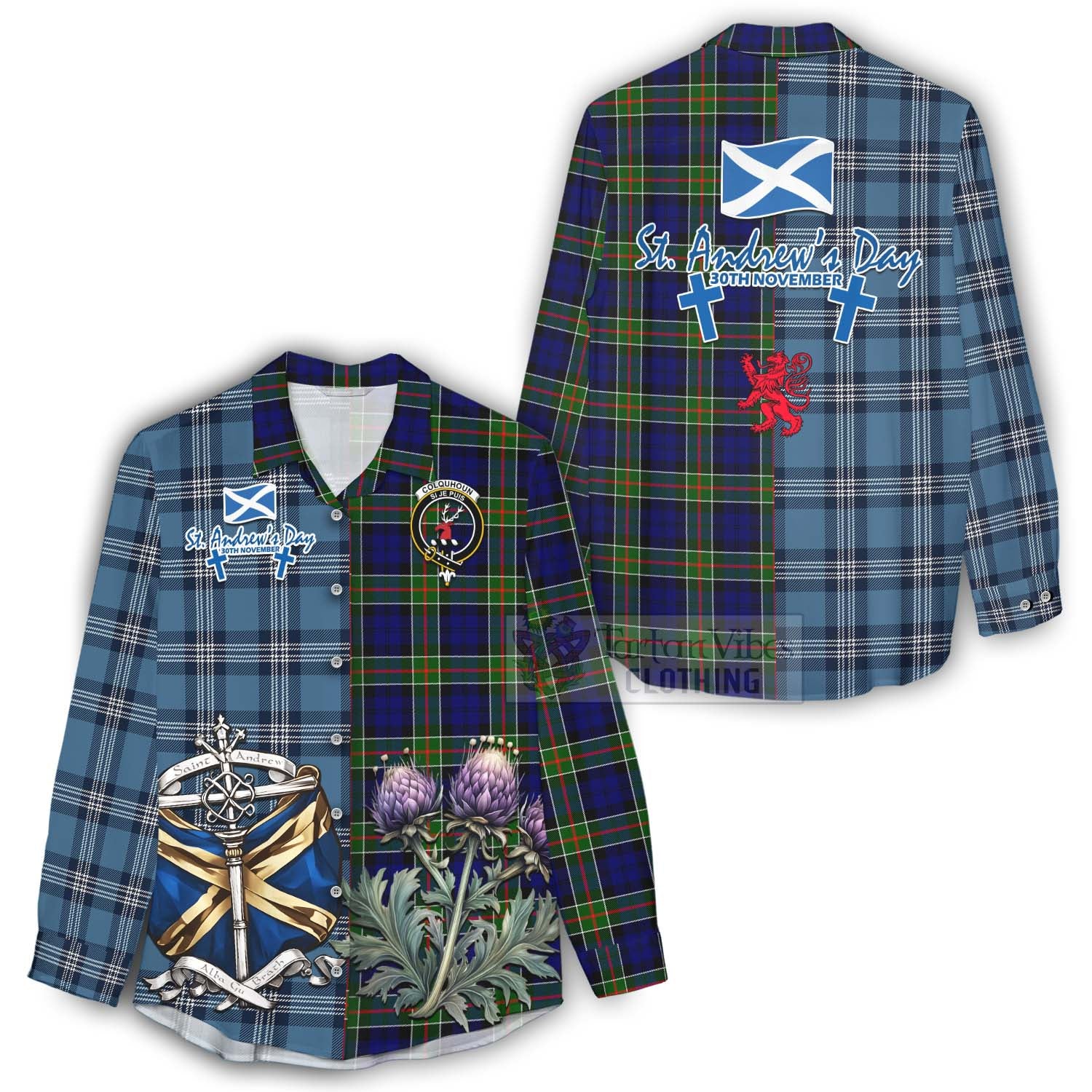 Tartan Vibes Clothing Colquhoun Tartan Women's Casual Shirt Happy St. Andrew's Day Half Tartan Style