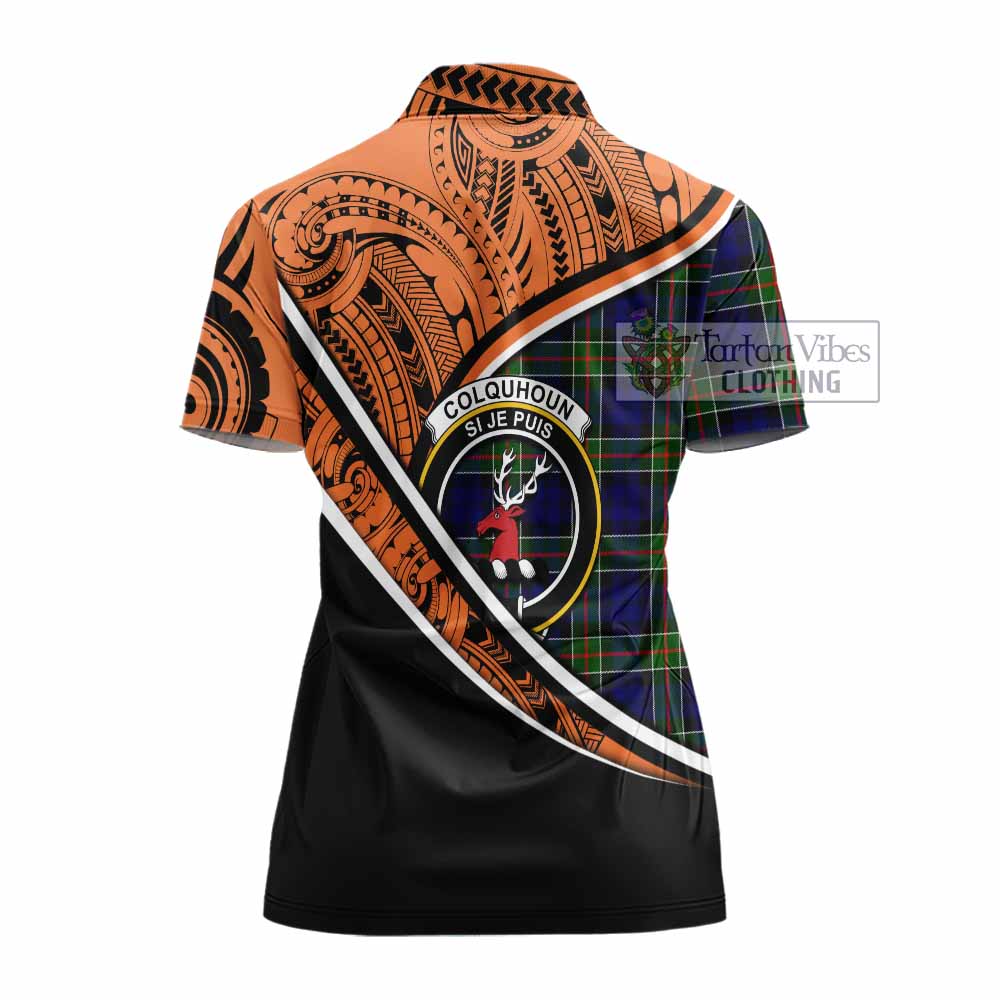 Tartan Vibes Clothing Colquhoun Crest Tartan Women's Polo Shirt with Maori Tattoo Style - Orange Version