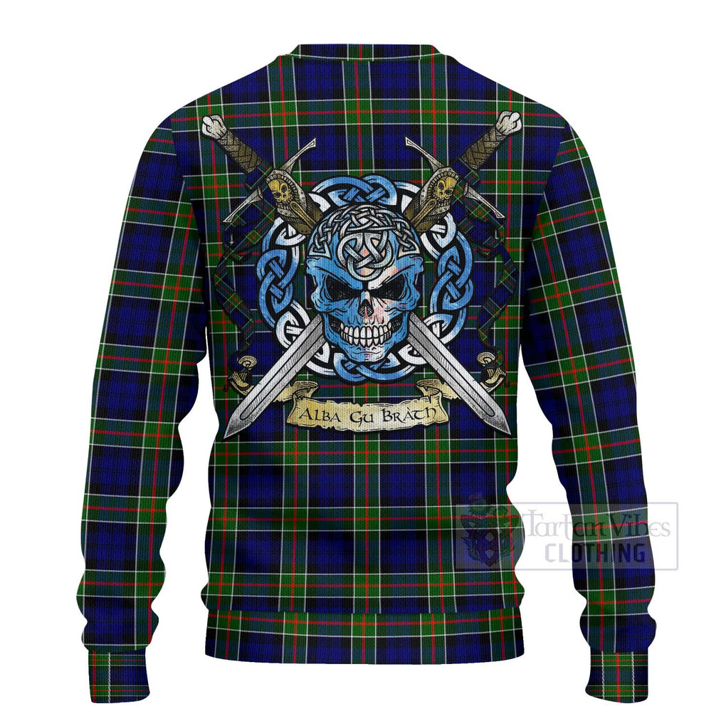 Tartan Vibes Clothing Colquhoun Tartan Knitted Sweater with Family Crest Celtic Skull Style