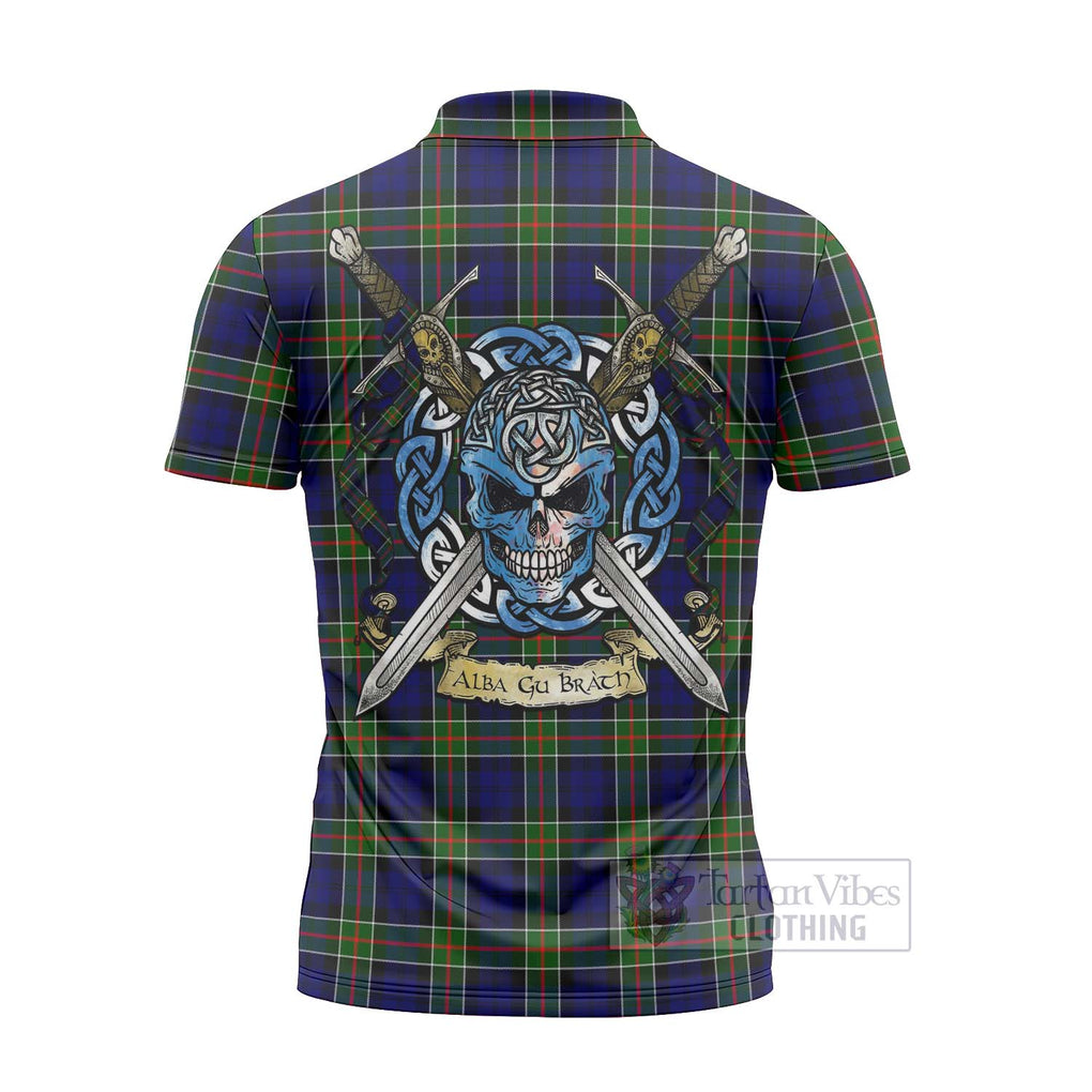 Tartan Vibes Clothing Colquhoun Tartan Zipper Polo Shirt with Family Crest Celtic Skull Style