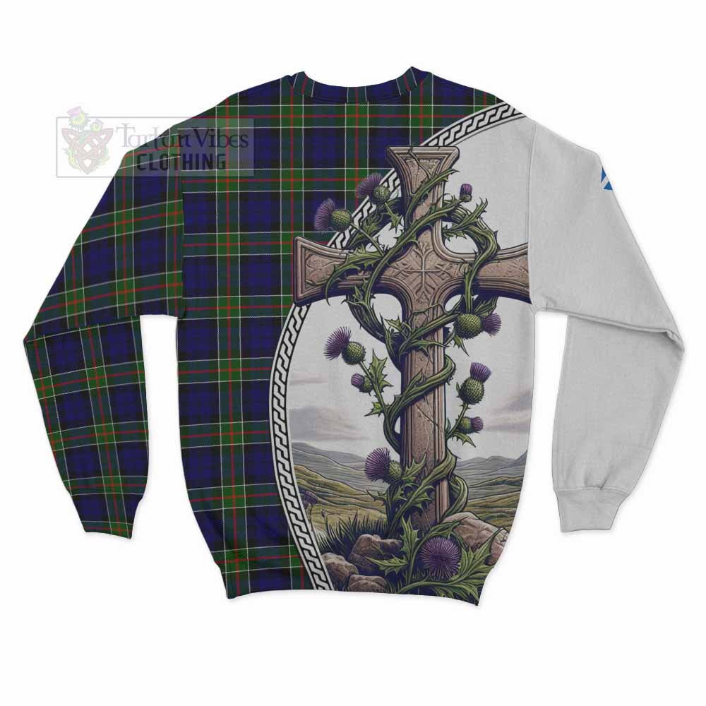 Tartan Vibes Clothing Colquhoun Tartan Sweatshirt with Family Crest and St. Andrew's Cross Accented by Thistle Vines