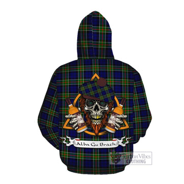 Colquhoun Tartan Cotton Hoodie with Family Crest and Bearded Skull Holding Bottles of Whiskey