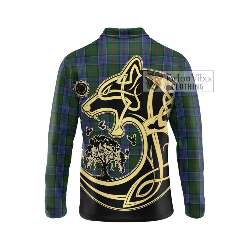 Tartan Vibes Clothing Colquhoun Tartan Long Sleeve Polo Shirt with Family Crest Celtic Wolf Style