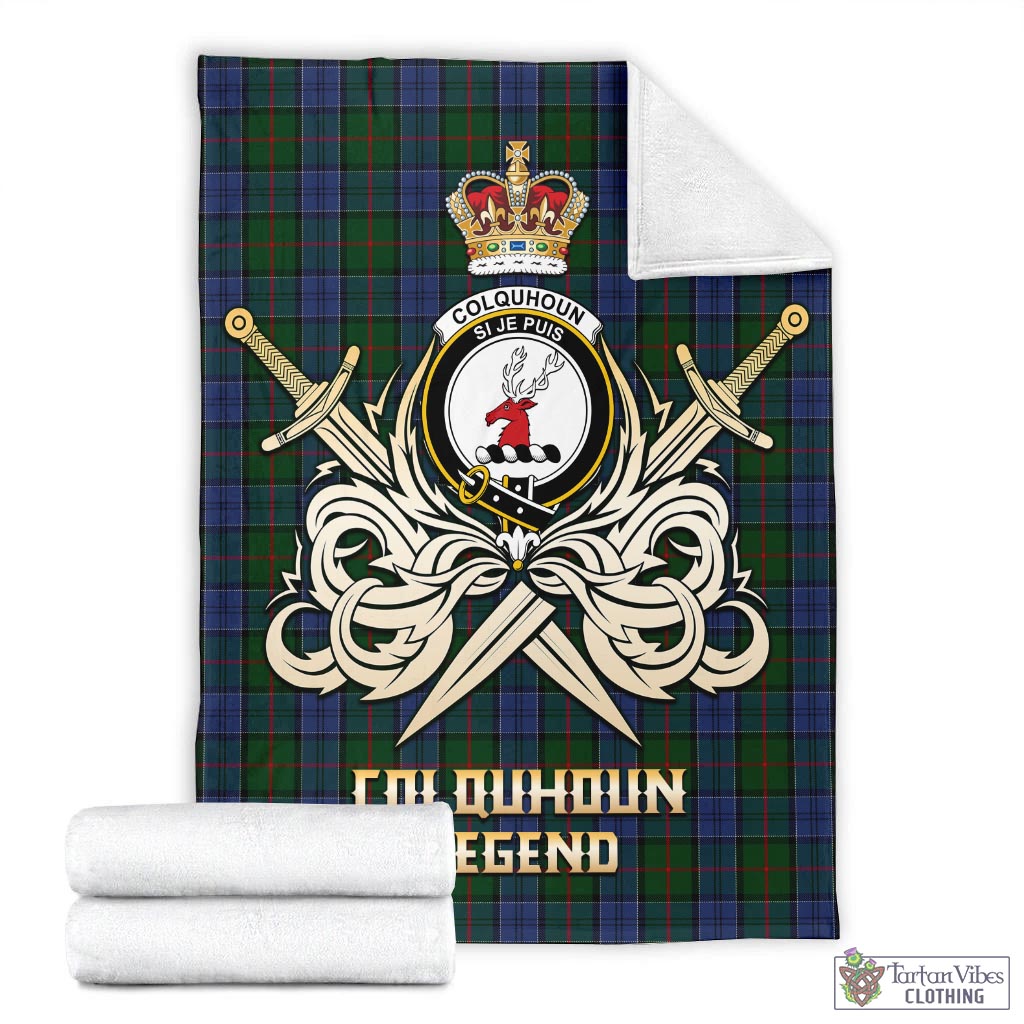 Tartan Vibes Clothing Colquhoun Tartan Blanket with Clan Crest and the Golden Sword of Courageous Legacy