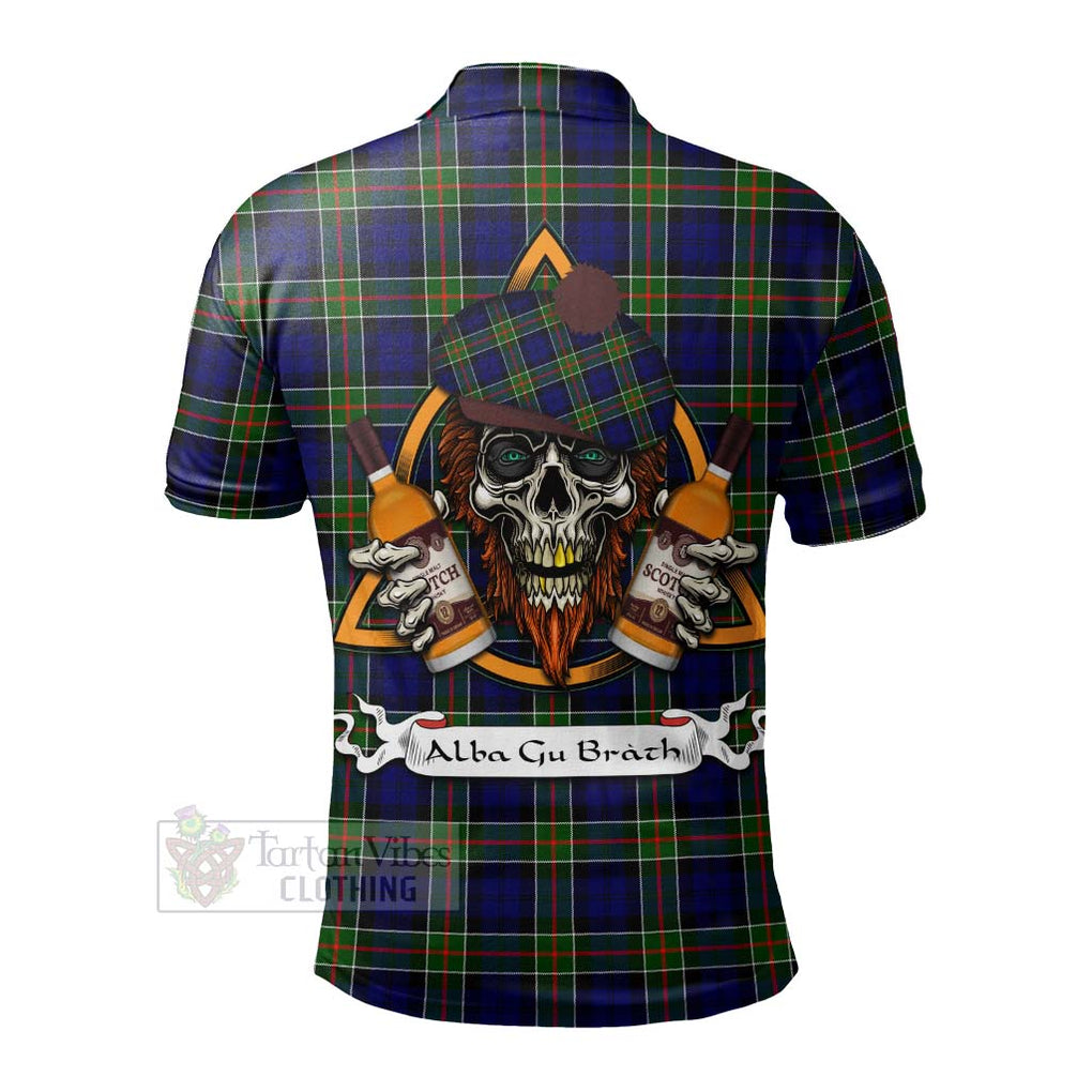 Tartan Vibes Clothing Colquhoun Tartan Polo Shirt with Family Crest and Bearded Skull Holding Bottles of Whiskey