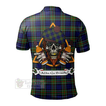 Colquhoun Tartan Polo Shirt with Family Crest and Bearded Skull Holding Bottles of Whiskey