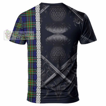 Colquhoun Tartan T-Shirt with Family Crest Cross Sword Thistle Celtic Vibes