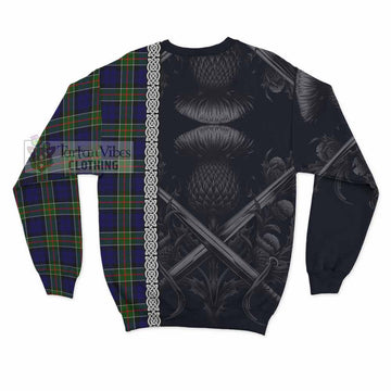 Colquhoun Tartan Sweatshirt with Family Crest Cross Sword Thistle Celtic Vibes