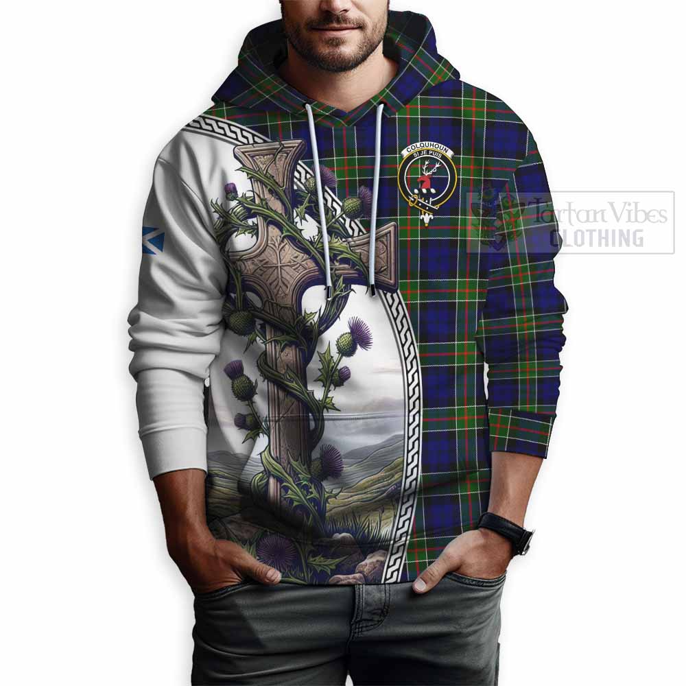 Tartan Vibes Clothing Colquhoun Tartan Hoodie with Family Crest and St. Andrew's Cross Accented by Thistle Vines