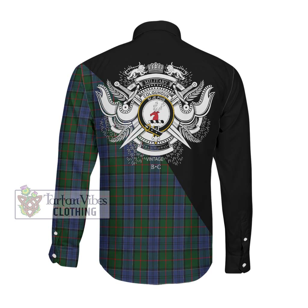 Tartan Vibes Clothing Colquhoun Tartan Long Sleeve Button Shirt with Family Crest and Military Logo Style